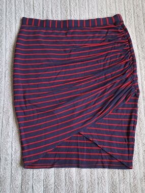 Ella Moss Navy & Red Striped Ruched Wrap Front Pencil Skirt Sz S